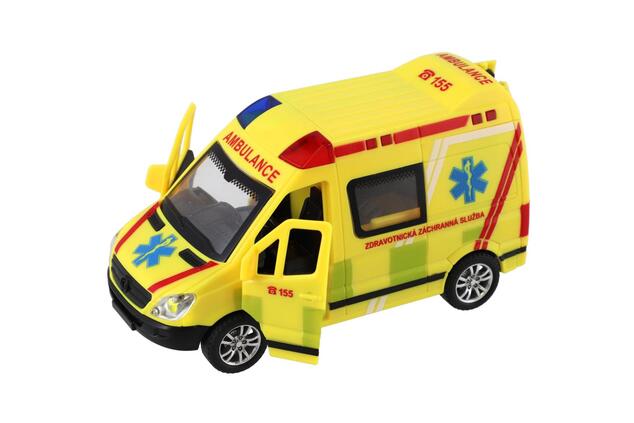 Auto záchranári, ambulancia plast 14,5 cm na batérie so svetlom, zvukom na zotrvačník