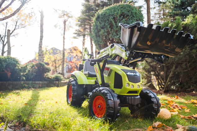 Falk Šliapací traktor 1010W Claas Axos s nakladačom, rýpadlom a vlečkou