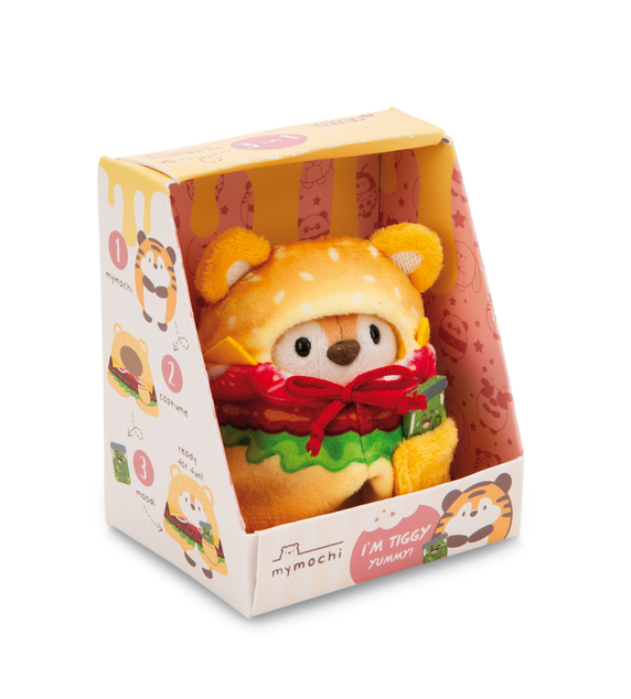 NICI plyš MyMochi Tiger Tiggy 8cm v kostýme hamburger a uhorka, set darčekové balenie