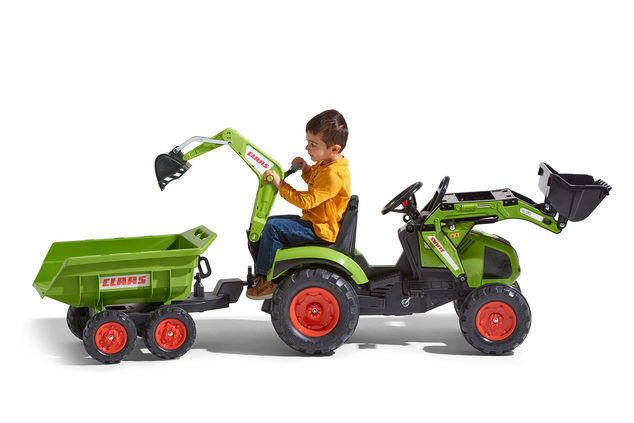 Falk Šliapací traktor 1010W Claas Axos s nakladačom, rýpadlom a vlečkou