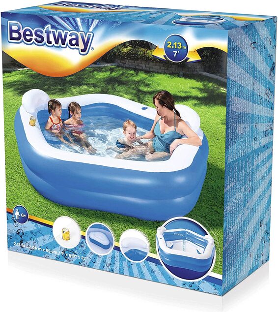 Bestway 54153 Nafukovací detský bazén s opierkami a sedačkami 213cm x 207cm x 69 cm