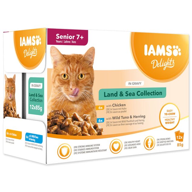Kapsička IAMS Delights senior mořské a suchozemské maso v omáčce 1020g (12x85g)