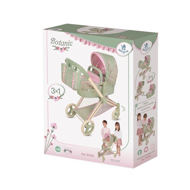 DeCuevas 81768 Cărucior pliabil pentru păpuși 3 în 1 cu geantă Botanic 2026 – 73 cm
