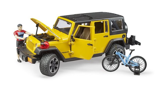 Bruder 02543 JEEP Wrangler Rubicon, horský bicykel a cyklista