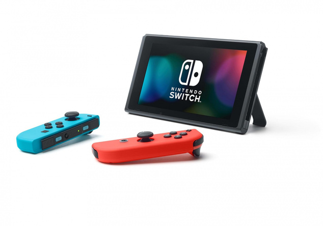 Nintendo Switch console with neon blue &amp; red Joy-Con