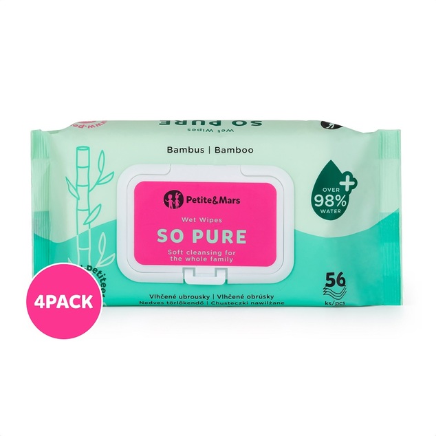 4x PETITE&amp;MARS Obrúsky vlhčené SO PURE bambusové bioodbúrateľné 56 ks