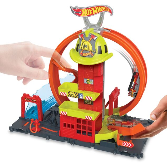 Super stație de pompieri Mattel Hot Wheels City cu buclă