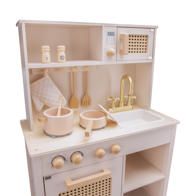 Woet Kinderholzküche - rosa mit Rattan