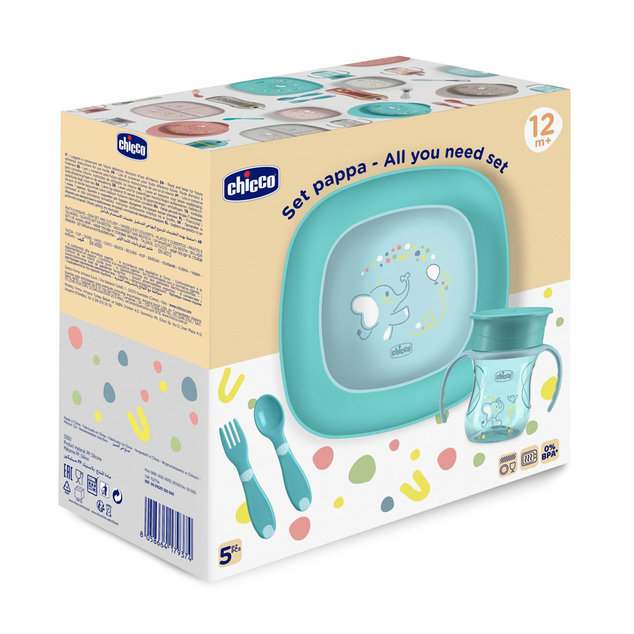 CHICCO Set za jelo - zdjela, tanjur, boca i pribor blue 12m+