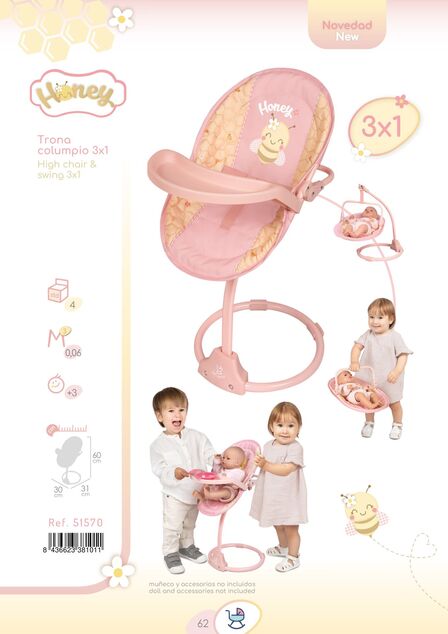 DeCuevas 51570 Sedia multifunzione per sala da pranzo e altalena per bambole 3 in 1 Honey 2026