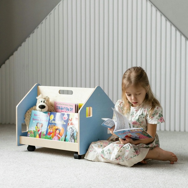 BusyKids Bibliothèque double face sur roulettes bleue