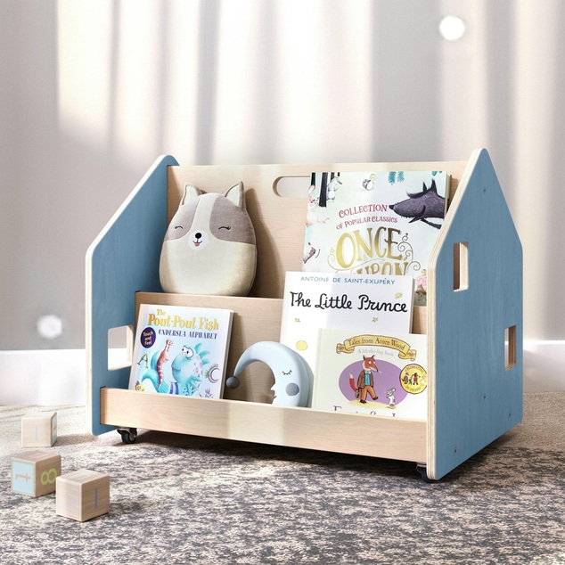 BusyKids Bibliothèque double face sur roulettes bleue