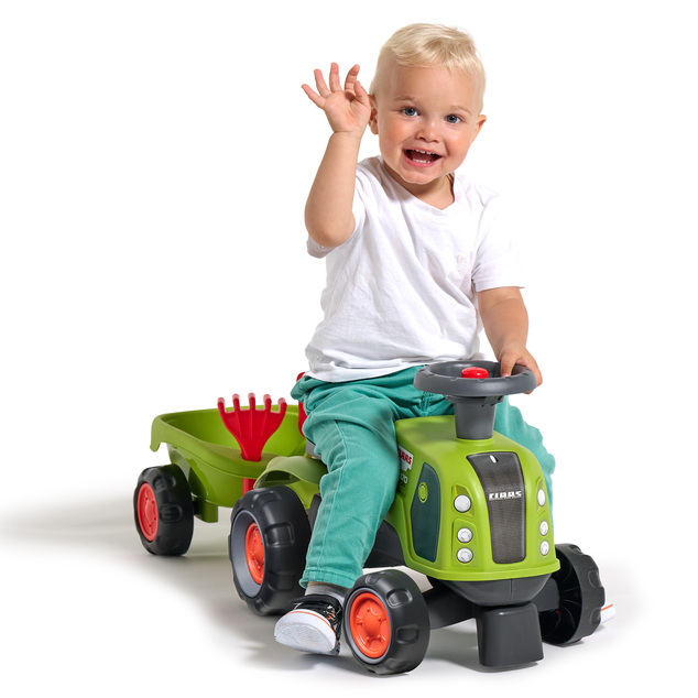Falk Traktor Baby Claas mit Lenkrad, Hupe, Anhänger, Rechen und Schaufel