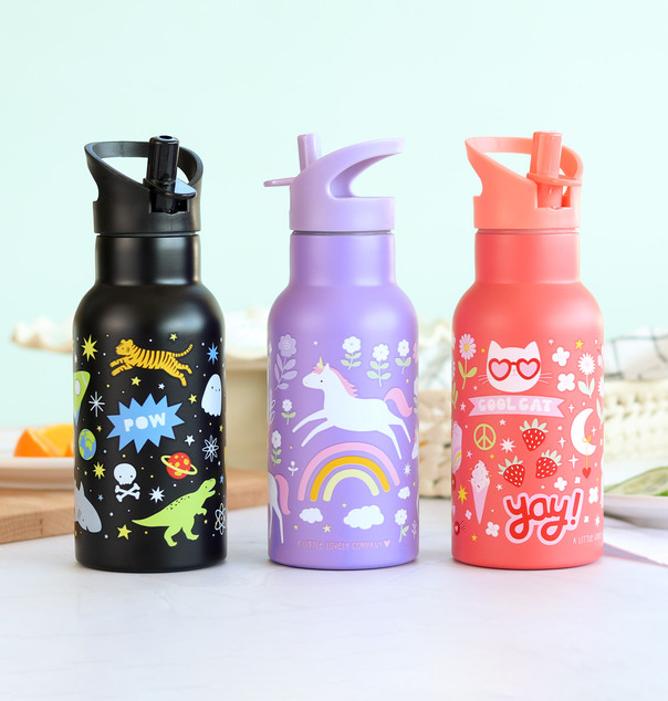 A Little Lovely Company - bottiglia d'acqua in acciaio inossidabile, 350 ml - unicorni e arcobaleno