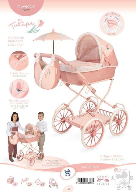 DeCuevas 81074 Skladací kočík pre bábiky s taškou a doplnkami Tulipe 2025 - 81 cm