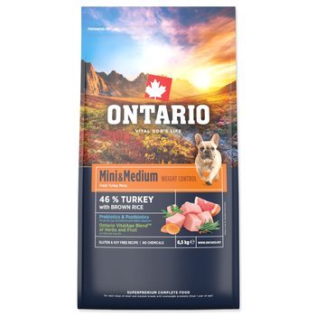 Krmivo Ontario Mini &amp; Medium Weight Control Turkey &amp; Brown Rice 6,5kg