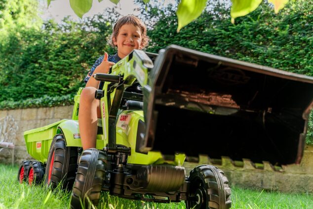 Falk šliapací traktor 2070W Claas backhoe s prednou a zadnou lyžicou a prívesom