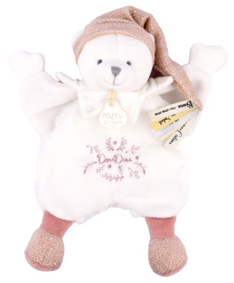 Doudou Darčeková sada Plyšový muchláčik medvedík s čiapočkou ružový 25 cm