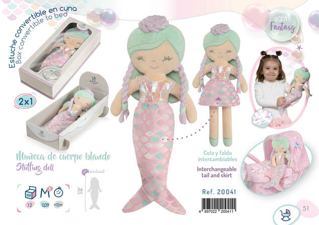 DeCuevas 20041 Plüschpuppe 2in1 OCEAN FANTASY - 36 cm mit Wiege