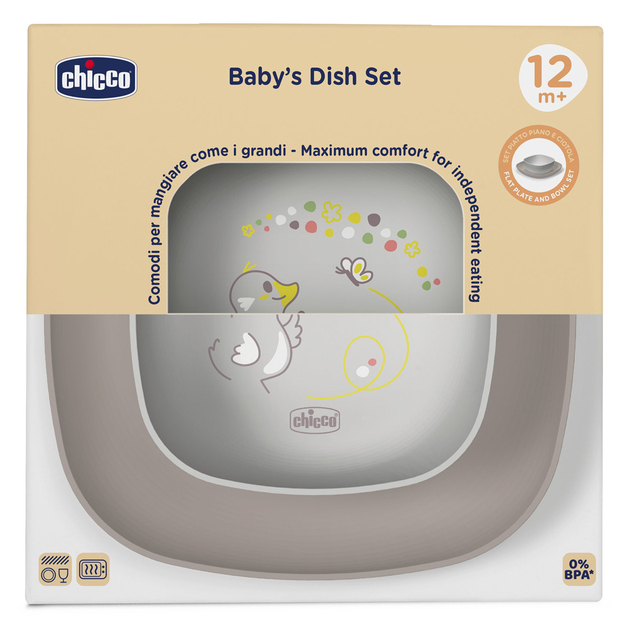 CHICCO Set za jelo - zdjela i tanjur siva 12m+