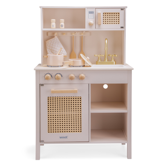 Woet Kinderholzküche - rosa mit Rattan