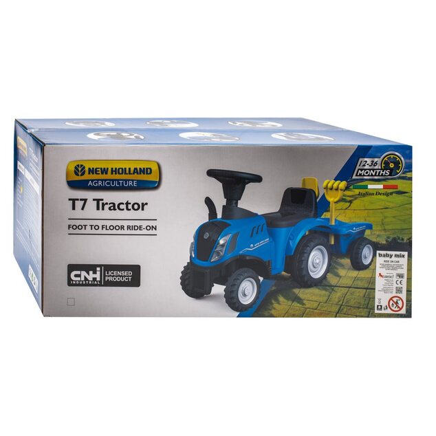 Detské odrážadlo traktor s vlečkou a náradim Baby Mix New Holland modrý
