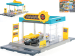 Stavebnice autoservis 34x17cm 24ks s autom 7cm kov volný chod s doplňky
