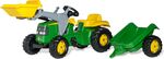 Rollytoys Šliapací traktor Rolly Kid John Deere s vlečkou a nakladačom - zelený