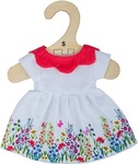Bigjigs Toys Biele kvetinové šaty s červeným golierom pre bábiku 28 cm