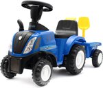 Detské odrážadlo traktor s vlečkou a náradim Baby Mix New Holland modrý