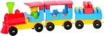 Bausatzeisenbahn mit zwei Waggons mit Aufklebern
