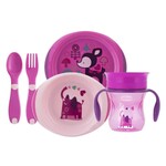 Jídelní set - talíře, příbory, sklenka, 12m + - růžový