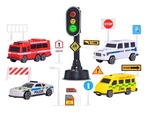 Sada Autos 4 Stück 7 cm mit Verkehrszeichen und batteriebetriebenem Lichtsignal.